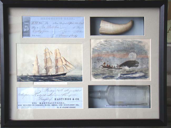 A framed group of 19th century Whaling items relating to the New Bedford whaler 'Andrew Hicks'